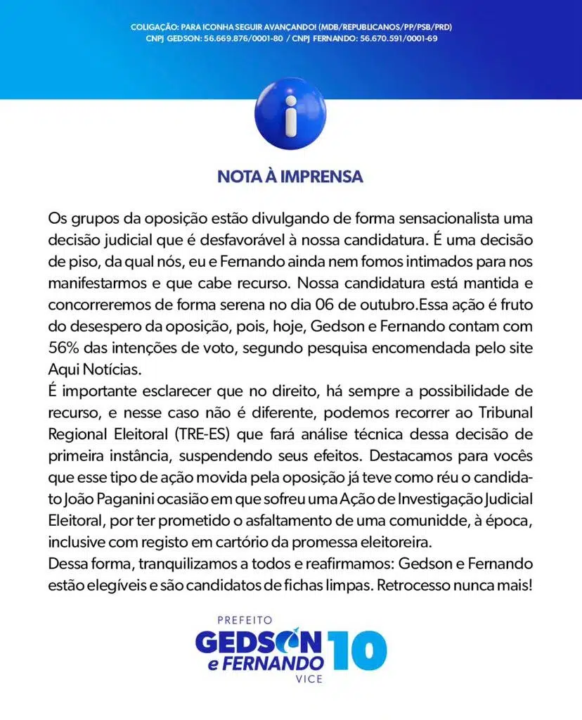 Gedson Paulino rebate críticas e tranquiliza eleitores sobre decisão judicial