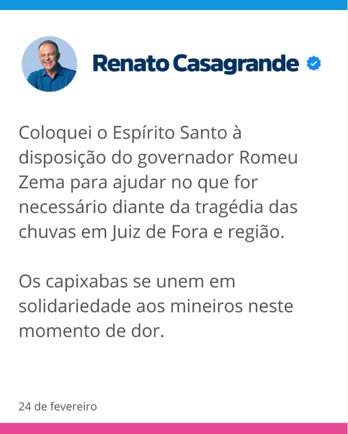 Casagrande oferece apoio do ES a Minas após tragédia das chuvas que deixou 22 mortos
